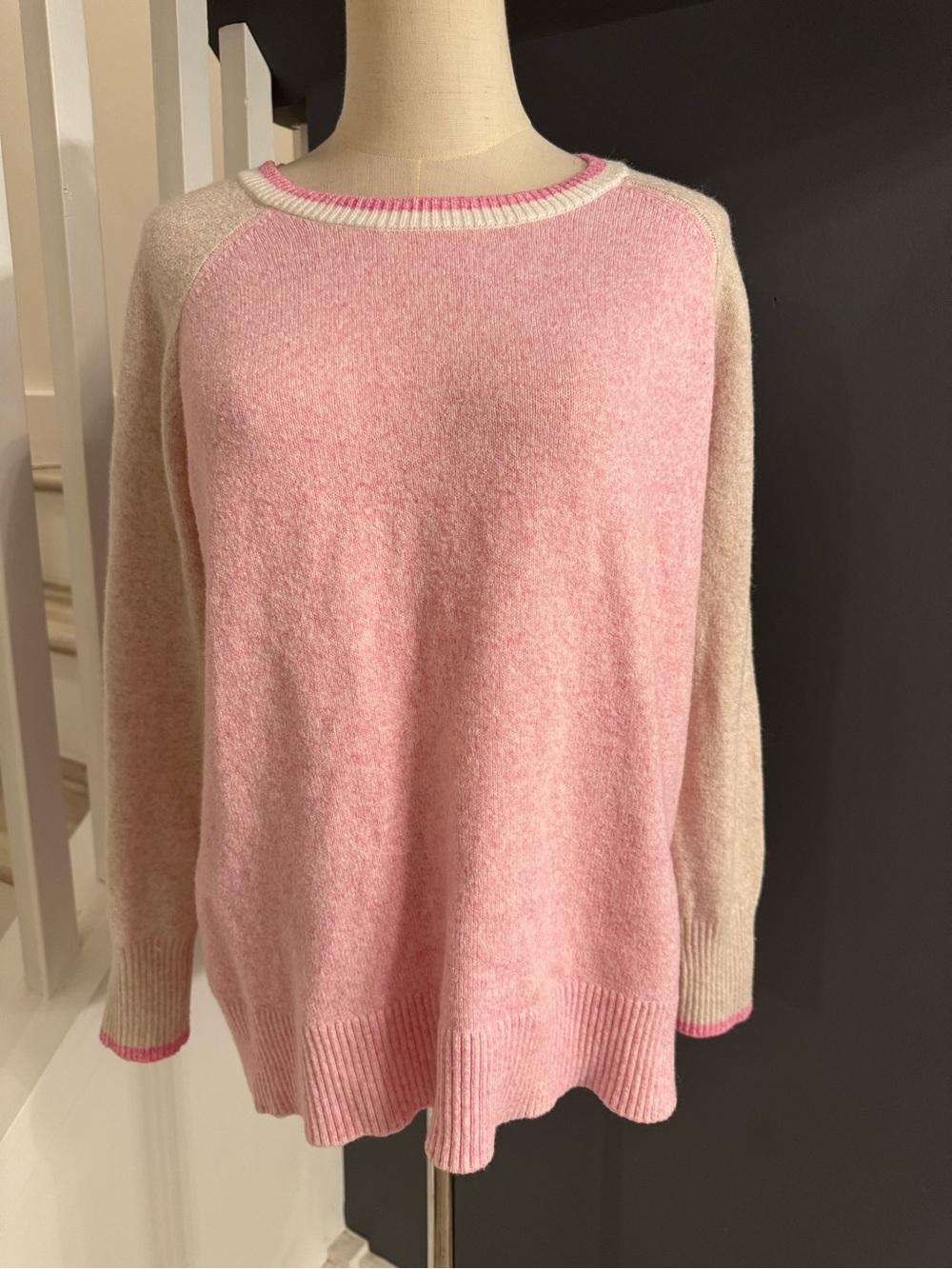 Olsen Blush Pink & Beige Colourblock Raglan Sweater | Soft Cozy Knit | M/L